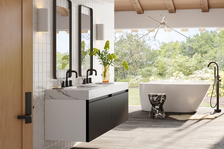 modern bathroom with a modern slipper tub and a floating wall-mounted vanity