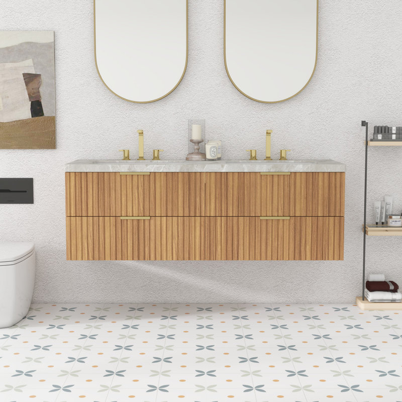 Meuble-lavabo double 60 po avec comptoir en pierre frittée et lavabo en céramique