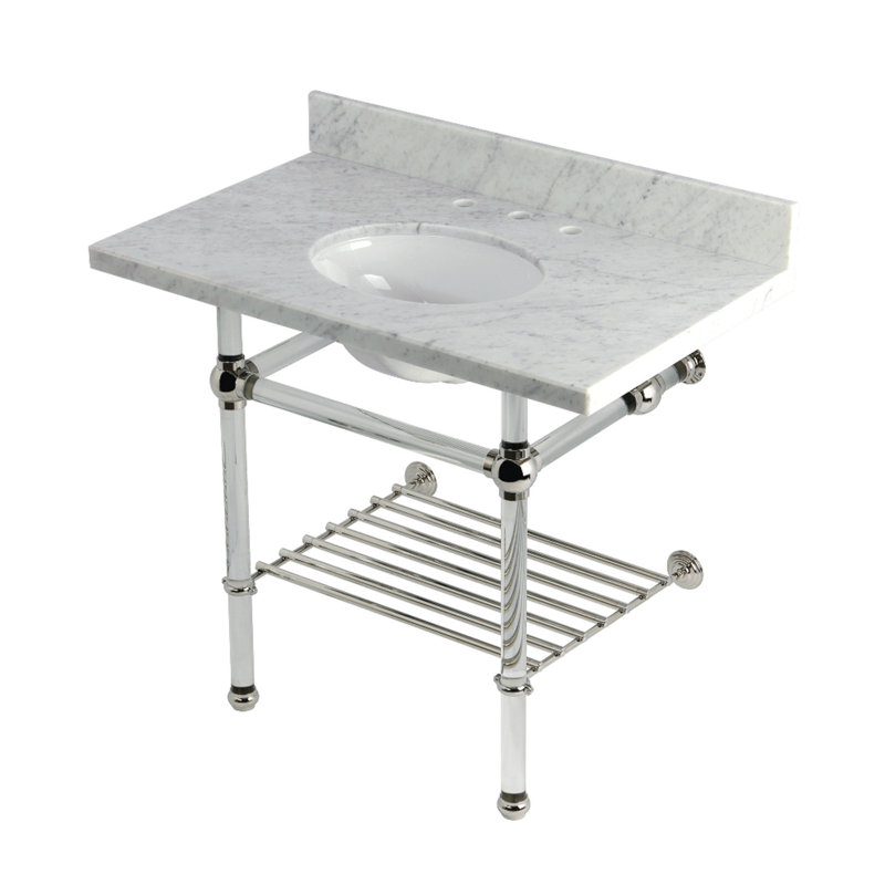 Kingston Brass Templeton 36-Inch Carrara Marble Console Sink with Acrylic Legs and Shelf (8-Inch, 3-Hole), Polished Nickel