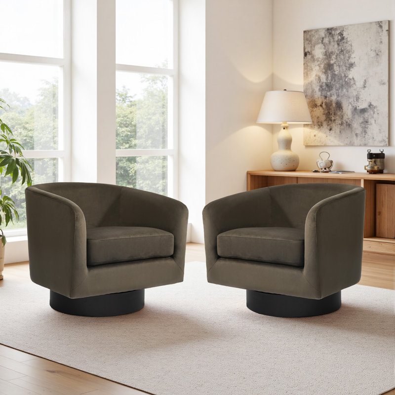 Eugenie Applewold Upholstered Coffee Velvet Swivel Barrel Chair with Solid Wood Base, Coffee