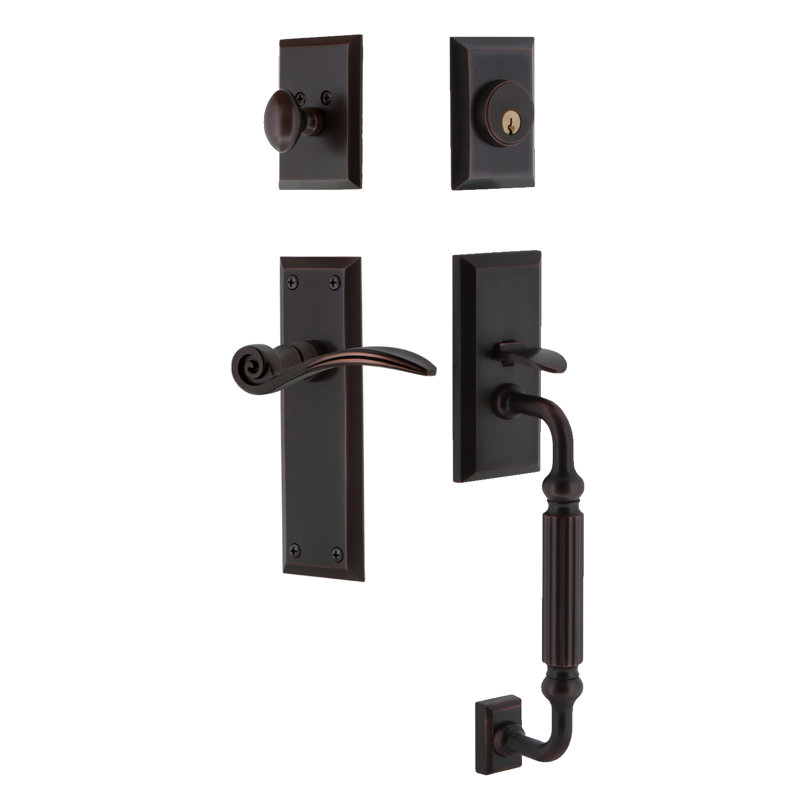 Nostalgic Warehouse New York Plate F Grip Handleset with Single Cylinder Deadbolt and Swan Lever, Timeless Bronze, 2 3/8"