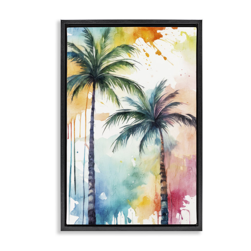 «Paint Splash Palms», toile flottante encadrée par Kim Allen, Cadre flottant noir de jais, H 25 po x l 17 po