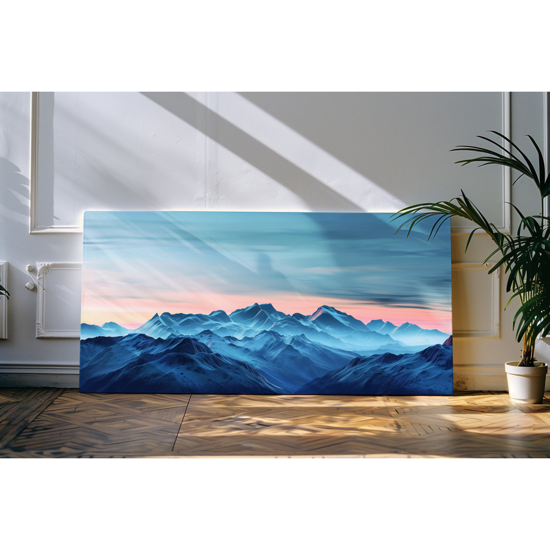 Gerahmtes Bild auf Leinwand 120x60cm Berge Berggipfel Abendrot Sonnenuntergang Natur Gebirge