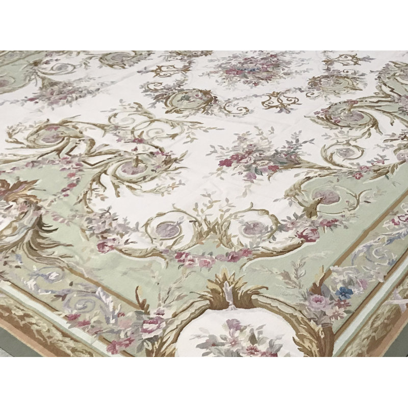 Tapis vert et beige noué à la main de haute qualité