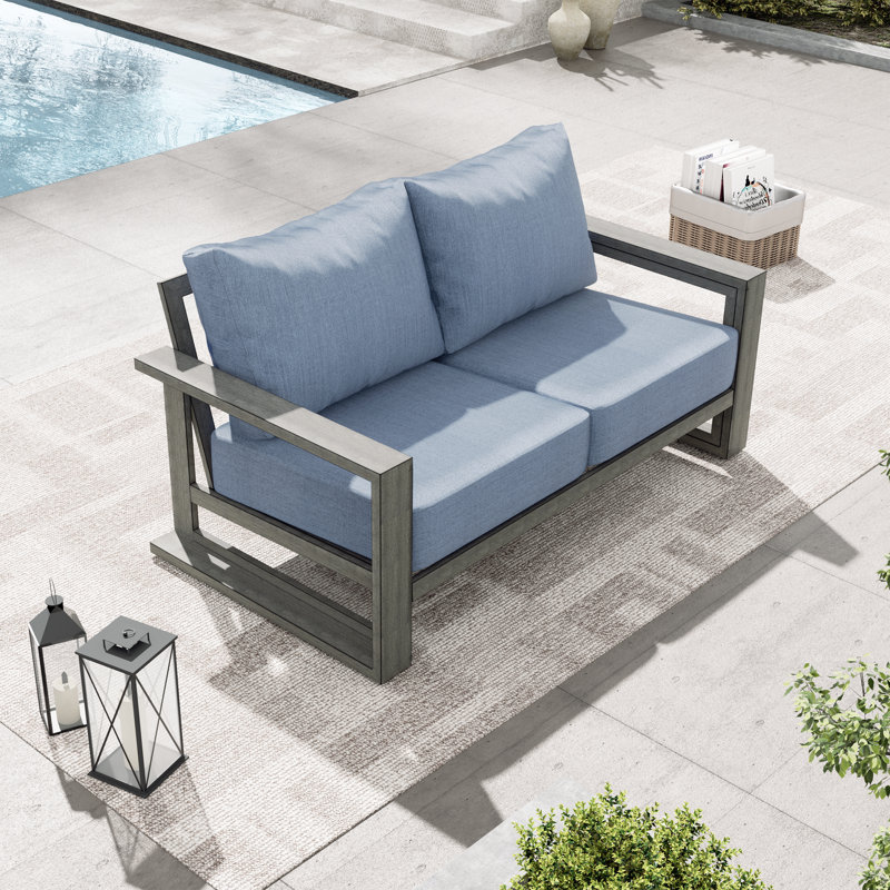 Adden Hand-Painted Aluminum Outdoor Loveseat With Blue Cushions, Blue