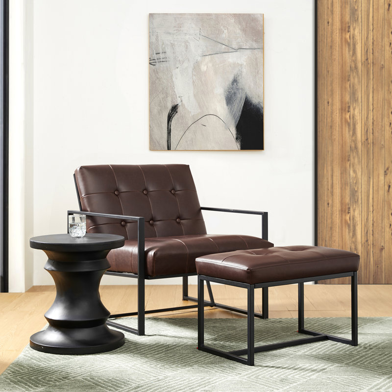 Fauteuil et repose-pieds en cuir Buren, Simili cuir brun foncé