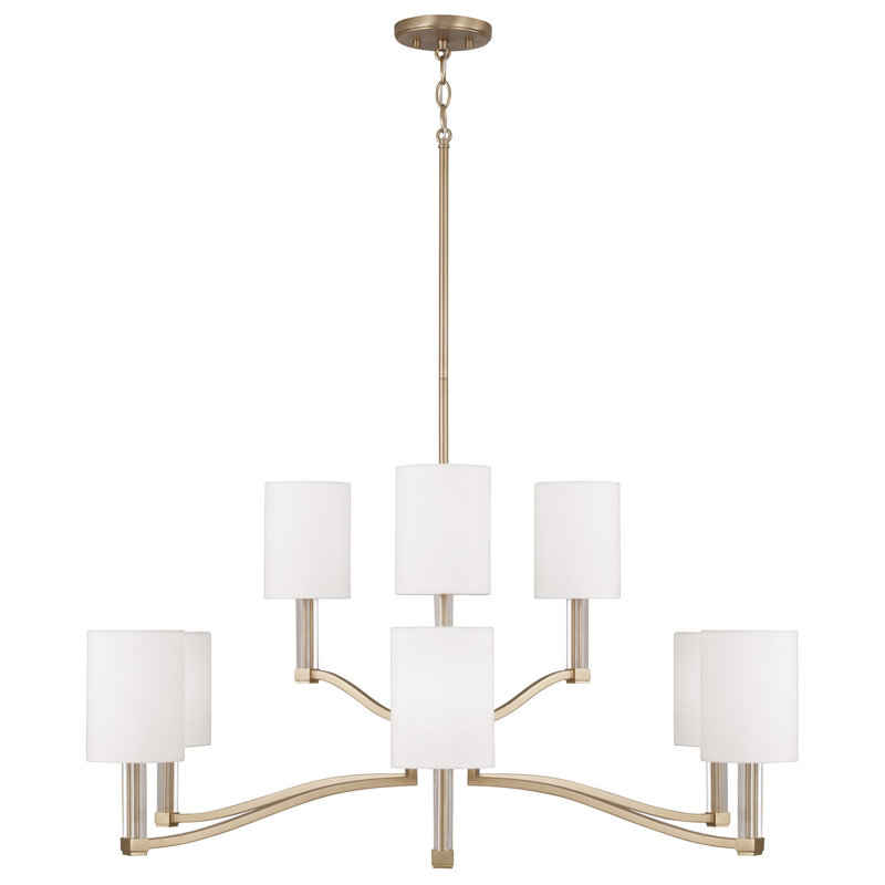 32" W x 9.25" H 9-Light Two-Tier Chandelier in Matte Brass with Clear Acrylic Accents and Cylindrical White Fabric Shades