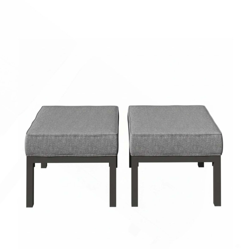 Set Of 2 24" Aluminum Patio Ottomans With Dark Gray Cushions, All-Weather Footrests
