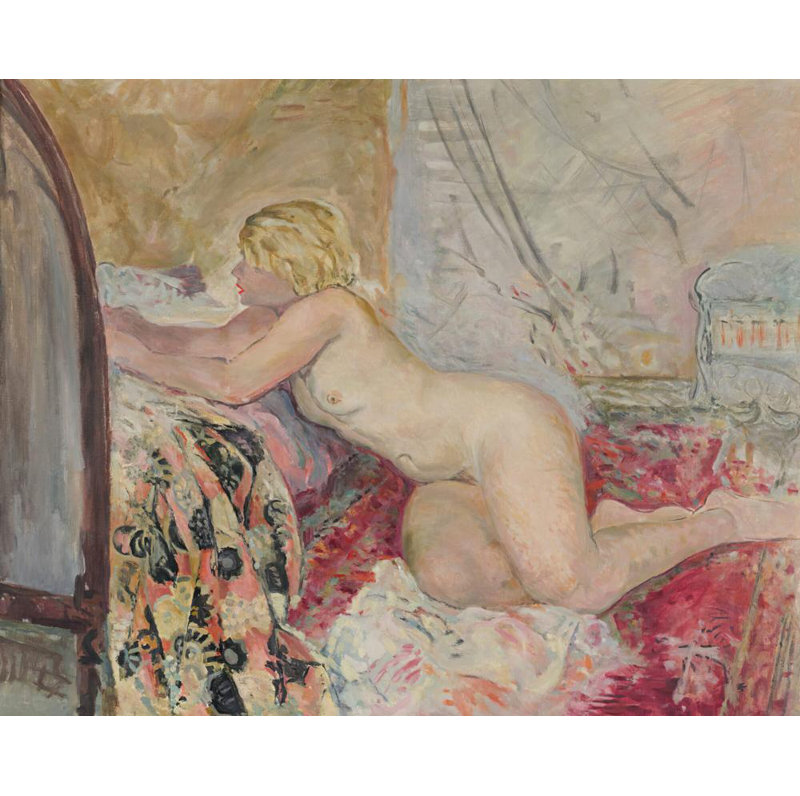 "Nu couché contre un lit" par Henri Lebasque - Art mural sur toile tendue avec châssis, H 24 po x l 17 po