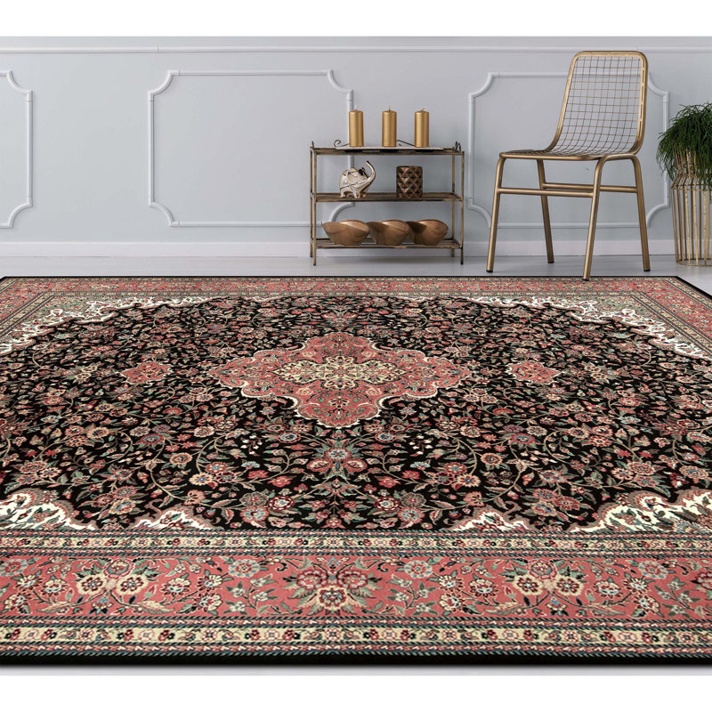 High-Quality Hand-Knotted Black And Rose Area Rug