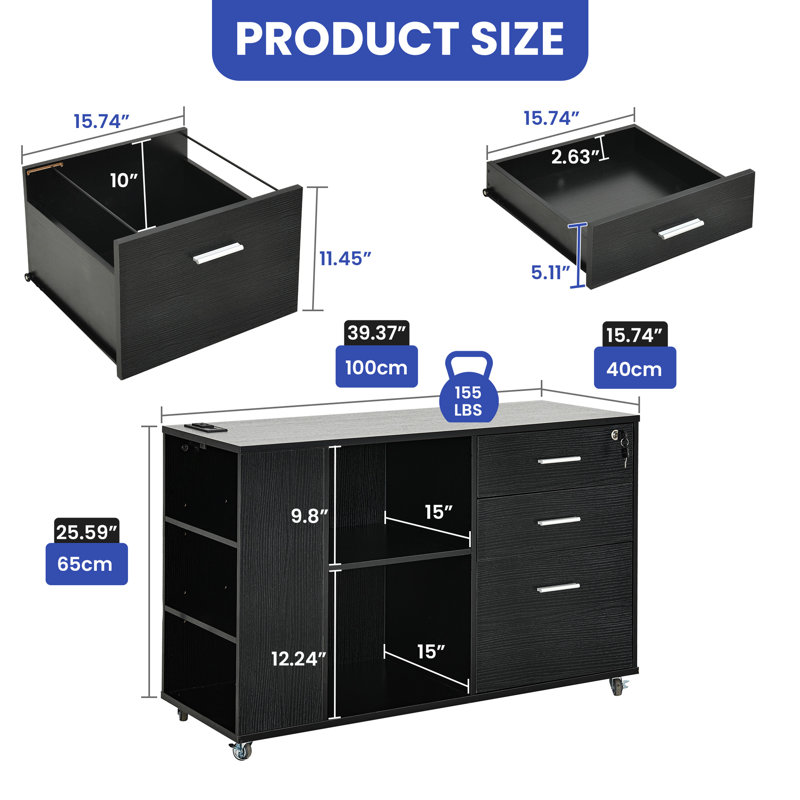Mechella 39.37 Wide File Cabinet, Black