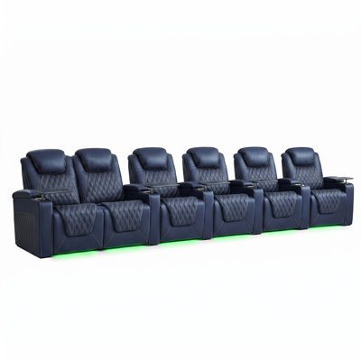 Genuine Leather Reclining Home Theater Seating With 7-Color LED Ambient Lighting, Adjustable Headrest, USB Charging, Cup Holders & Storage Console