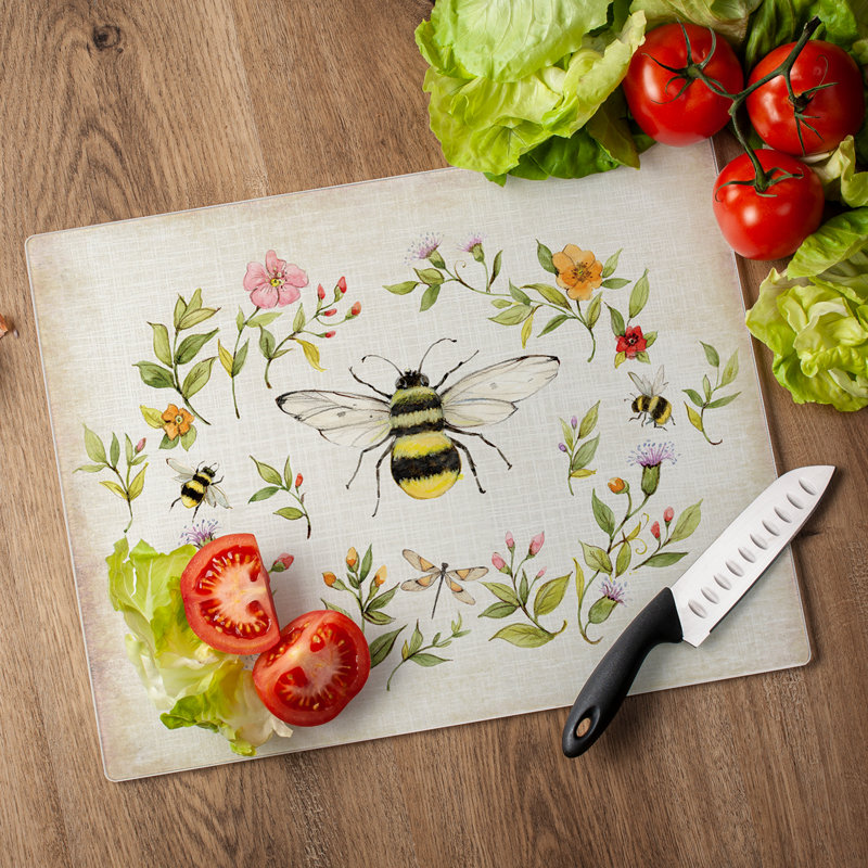 Bee Wreath Rectangular Tempered Glass Cutting Board 15" x 12"