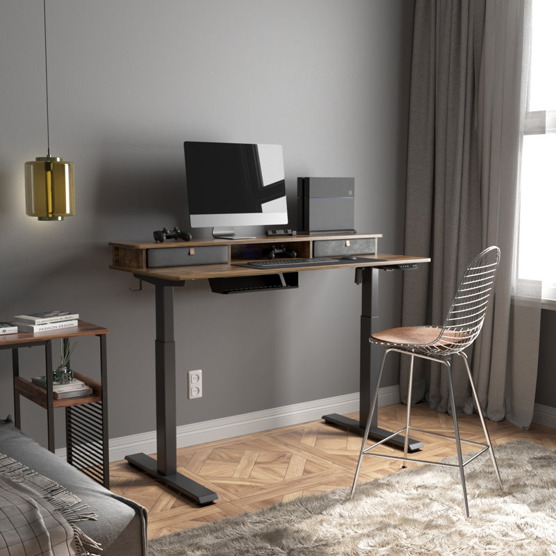 Eliuth Height Adjustable Standing Desk, Brown/Black, 46" H x 55" W x 24" D