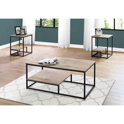 Table contemporaine 3 pièces: tables basses et 2 tables de bout, stratifié taupe foncé, détails en métal noir, 3 pièces de salon modernes et surfaces stratifiées, décorations, décor