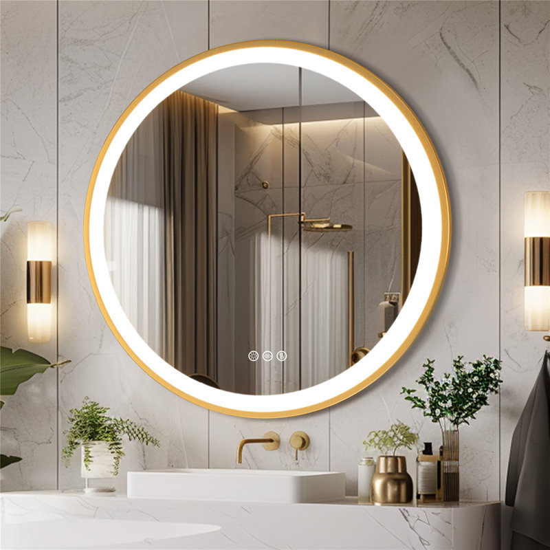 Wall-mounted Round Bathroom Mirror With Led-lights Anti-fog Dimmable Glod Frame Vanity Makeup Mirrors, 32" x 32"