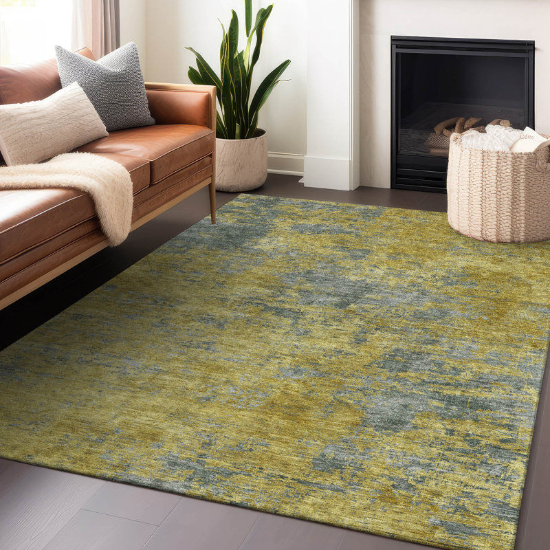 Gold and Gray Abstract Washable Synthetic Rug, 3' x 5'