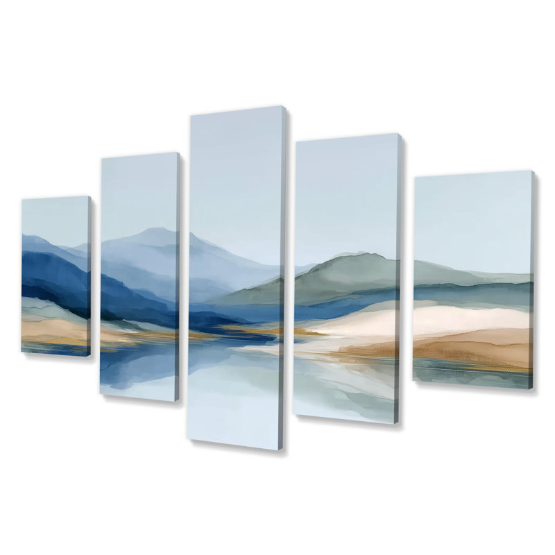 «Blue Waves Heights Golden Coastal - Vagues, impressions sur toile, paysage, art mural 5 panneaux