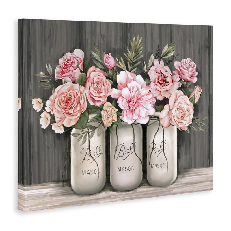 Bouquets de roses roses en fleurs, pots rustiques - peinture, H 10 po x l 15 po