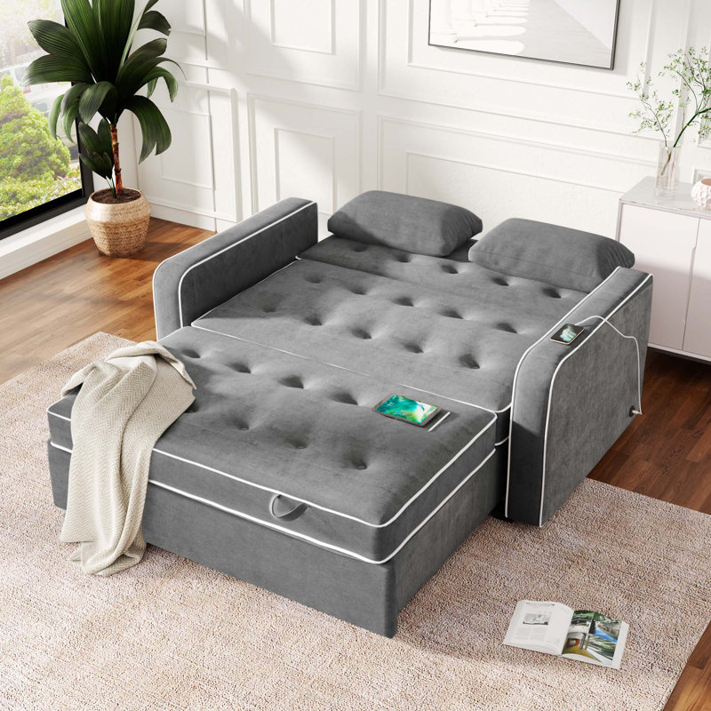 Lit tapissier de 61,4 po, canapé-lit escamotable avec deux coussins décoratifs, double port de chargement USB