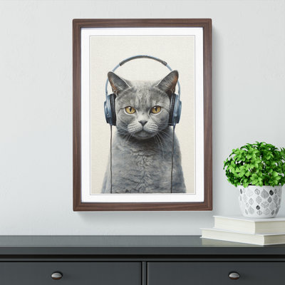British Shorthair Cat With Headphones - Single Picture Frame Print on Wood