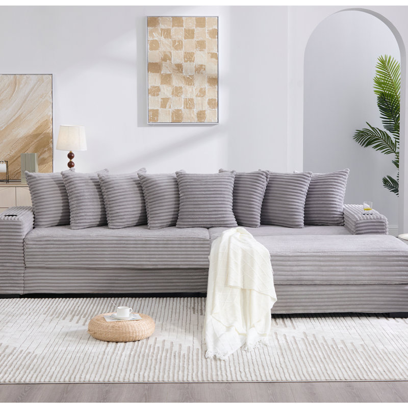 108.93", Modular L Shaped, Corduroy , Movable Footstool, Upgraded Handrails, Pillows, Bed - Converting Feature Upgrade Grey, Cup Holders, Making Function