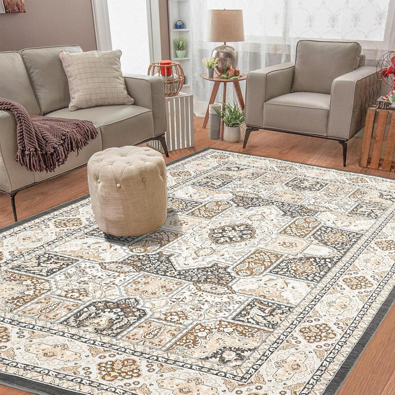 Modern Geometric Trellis Area Rug, Boho Machine Washable Non-Slip, Vintage Medallion Stain-Resistant Floor Carpet for Living Room (Camel)