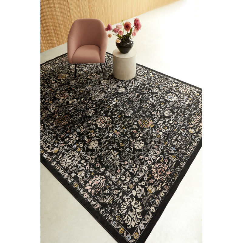 Persian Machine Woven Floral Black Area Rug, Rectangle 200 x 290cm