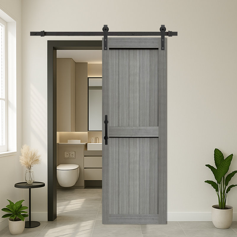 Ensemble de quincaillerie de porte de grange en panneau de fibres à densité moyenne avec porte coulissante recouverte d'une surface en PVC imperméable