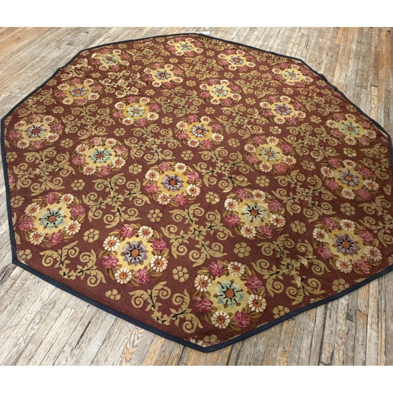 1840s Burgundy Ground Floral Antique European Neoclassical Aubusson Round Rug Round 10'0"