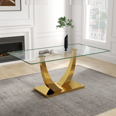 Modern Rectangle Tempered Glass Dining Table with Stainless Steel Pedestal