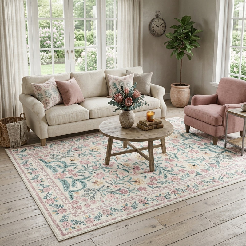 Machine-washable pink carpet Bohemian floral carpet, Rectangle 6' x 9'