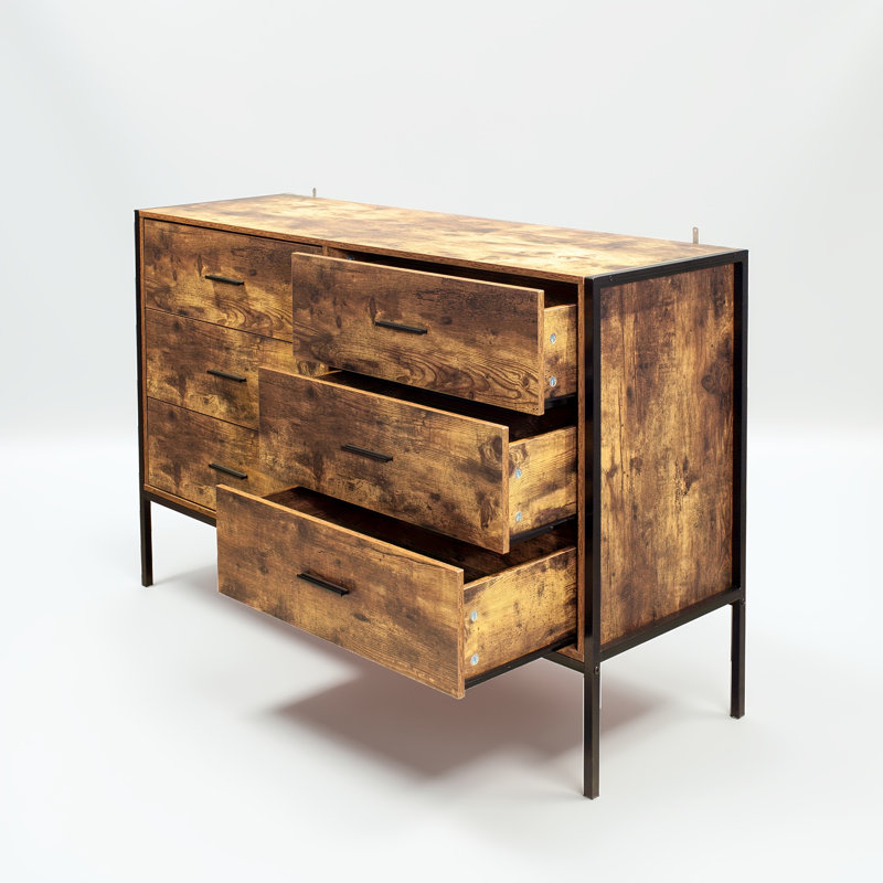 Commode double 6 tiroirs de style industriel avec rangement en bois brun rustique et structure en acier robuste, commode à 6 tiroirs