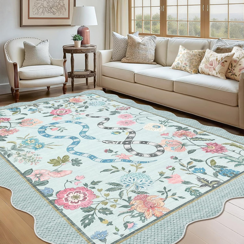 2x6 Kitchen Runner Rug – Soft Non-Shedding Low Pile Farmhouse Floral Carpet with Non-Slip Backing, Stain-Resistant Snake Print Bath Mat