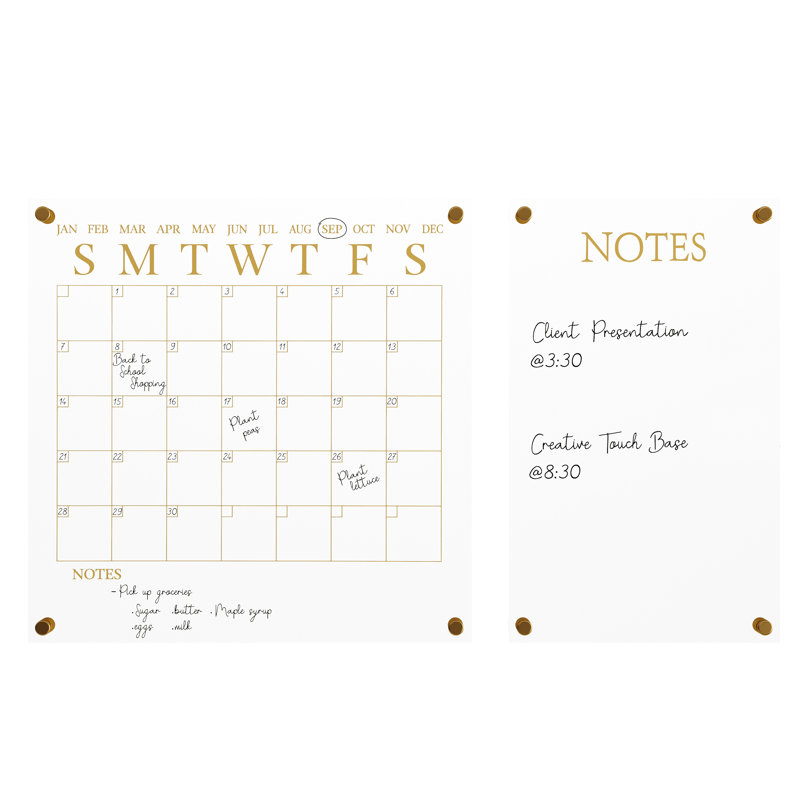Clear Gold Acrylic Wall Calendar and Notes Board Set