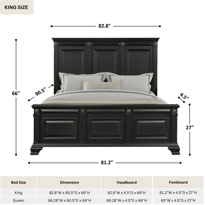 Quebec Pine Solid Wood Bedroom Set, Vintage Black, 4 Pcs: Bed, Dresser, Mirror, Nightstand, King