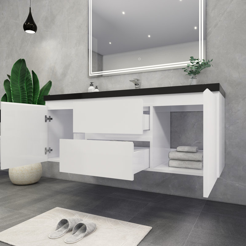 Castin 60" Wall-Mounted Single Bathroom Vanity Set, Glossy White