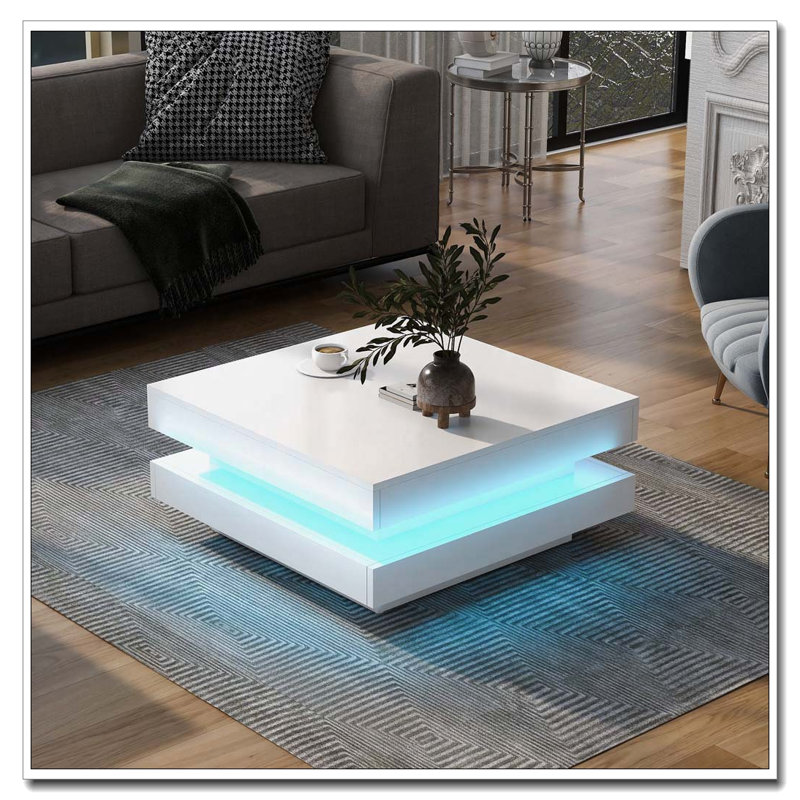 High Gloss Minimalist Design with LED Lights, 2-Tier Square Coffee Table, Centre Table for Living Room, White