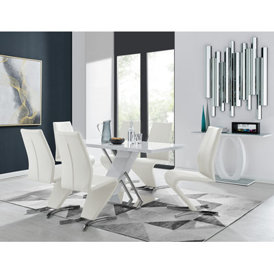 Caba Modern High Gloss and Chrome 6 Seat Dining Table Set with Luxury Faux Leather Dining Chairs