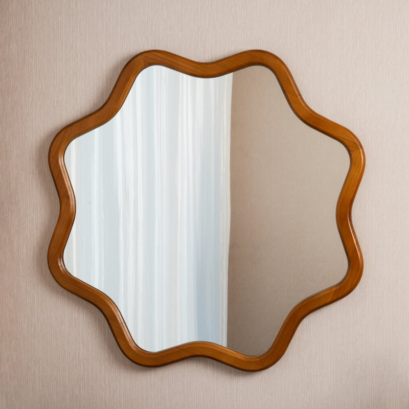 Wave and Petal Contour Solid Wood Wall Mirror - Decorative Hanging Mirror for Entrance, Dressing Table, Bedroom and Bathroom