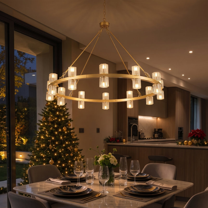 Lustre en forme de tasse de cristal avec abat-jour en cristal 40 lumières Marais, Doré, H 32 po x l 49,21 po x P 49,21 po