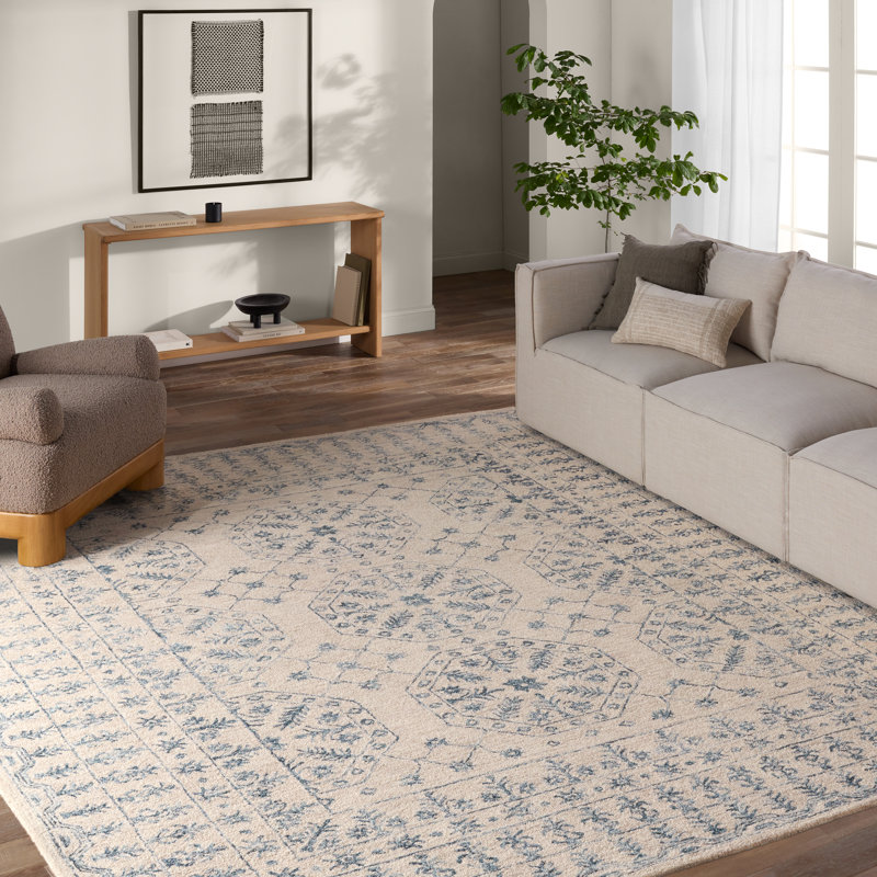 Bungalow Rose Andjela Handmade Medallion Ivory/Blue Area Rug, Rectangle 10' x 14'