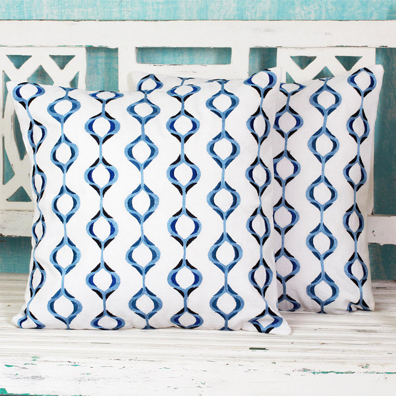 Embroidered Cotton Pillow Cover, Blue