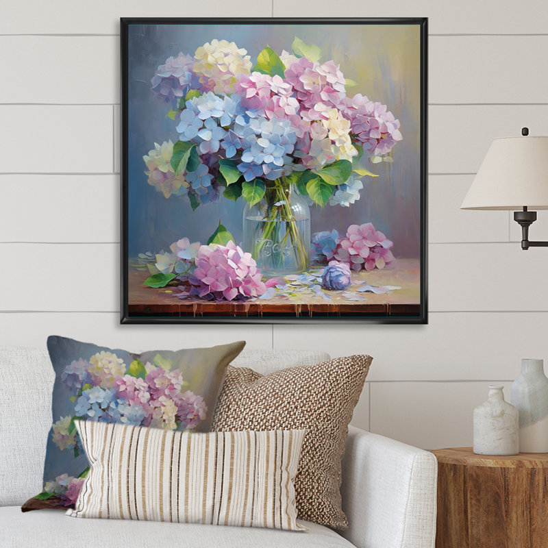 Nature morte vase hortensia bouquet pastel doux I - impressions sur toile hortensia, H 30 po x l 30 po x P 1 po