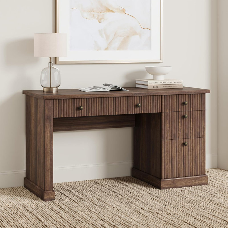 Fluted Home Office Desk Storage, 54" Modern Executive Desk with Charging Station, Wooden Computer Writing Desk with File Cabinet & Drawers for Study, Living Room