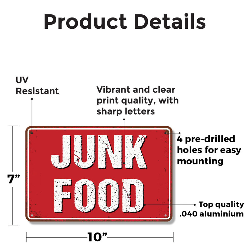 Enseigne de fantaisie en aluminium Junk Food Street (paquet de 2) 7 po x 10 po