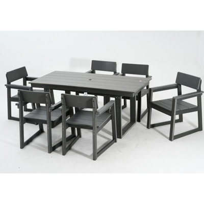 Grey 7 Outdoor Dining Seating 6 Weather- Patio Table With Umbrella Hole And Armrest Chairs, Great For Deck Poolside, Strong Impact Garden Furniture, Customizable