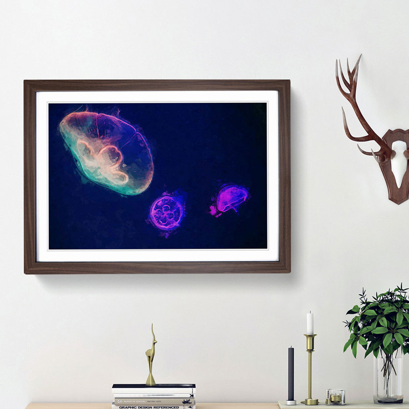 Neon Jellyfish in Abstract - Framed Print, 27cm H x 36cm W x 2cm D, Walnut Framed