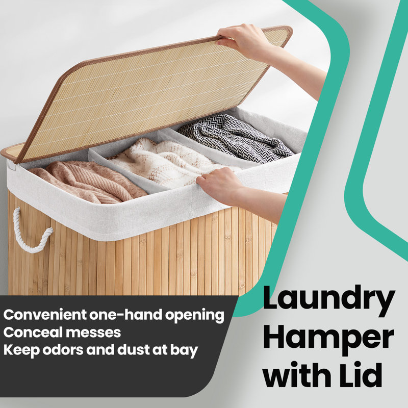 Laundry Hamper, 39.6 Gallons (150 L), 3-Section Laundry Basket, Laundry Hamper With Lid, Bamboo, Foldable, Removable And Machine Washable Liner, For Laundry Room, Bedroom