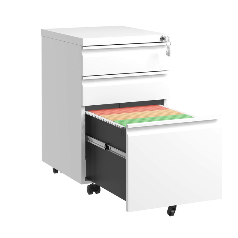 Classeur mobile à 3 tiroirs en blanc avec serrure. Entièrement assemblé pour l'organisation du bureau. Permet de ranger les lettres / format légal / A4. Arrangement sécuritaire. Les tiroirs sont dotés d'un plateau à crayons amovible. Smooth Glide On 5